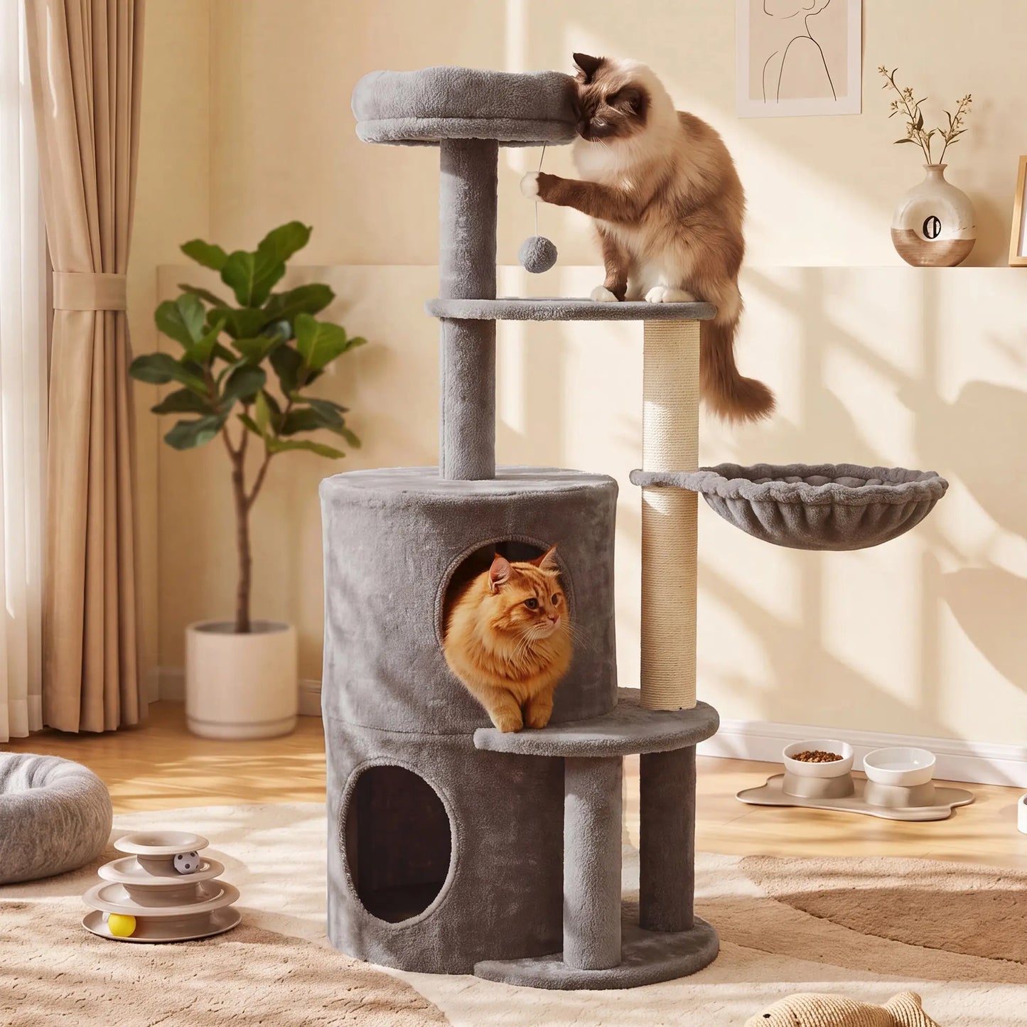 NAVINE 70.9 Inches Multi-Level Big Cat Tree, Multi-Level Cat Tower for Indoor Cats, Cat Trees and Towers for Large Cats with Sisal Scratching Posts/Cat Hanging Basket&Cat Hair Brush/Big Cat Condo/Plush Perch