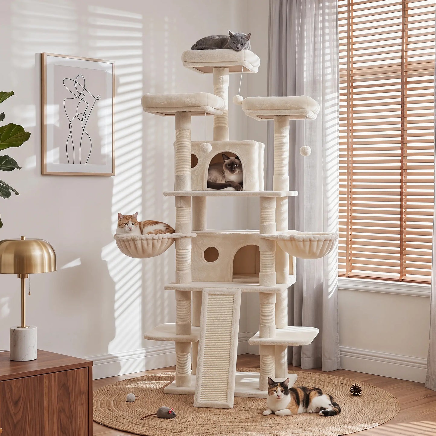NAVINE 70.9 Inches Multi-Level Big Cat Tree, Multi-Level Cat Tower for Indoor Cats, Cat Trees and Towers for Large Cats with Sisal Scratching Posts/Cat Hanging Basket&Cat Hair Brush/Big Cat Condo/Plush Perch