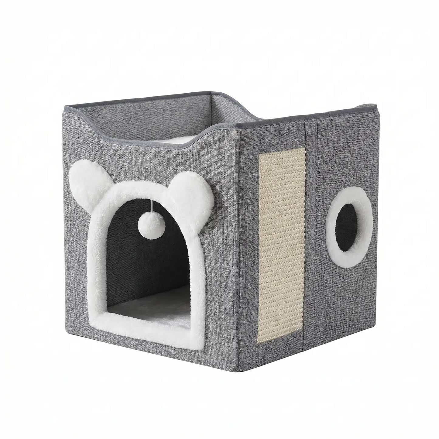 Foldable Cat House for Indoor Cats, 2-Story Cat Cube Condo with Built-In Sisal Scratching Pad & Hanging Toy Ball, Sturdy Cat Bed Hideaway Apartment Box for Large Cats up to 30 Lbs round Window
