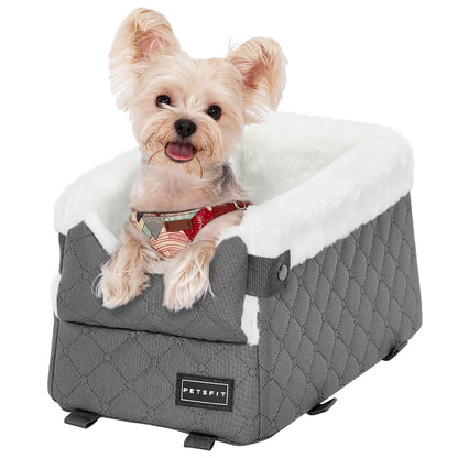 PETSFIT Center Console Dog Car Seat with Safe Protection Hooks, Pet Car Seat with Upgraded Safety Tethers, Washable Cushion, Console Dog Car Seats for Small Dogs up to 10 Lbs (Grey)