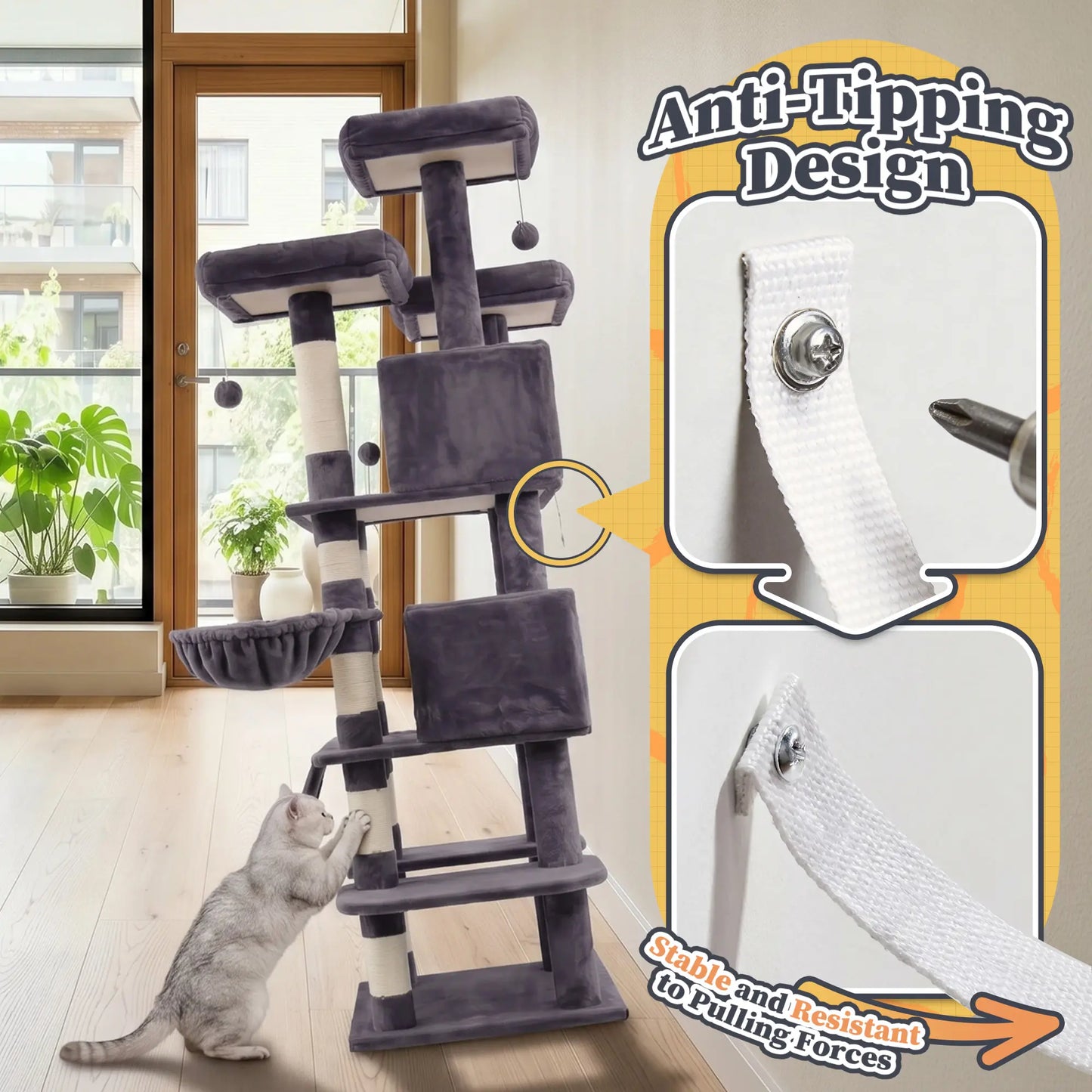 NAVINE 70.9 Inches Multi-Level Big Cat Tree, Multi-Level Cat Tower for Indoor Cats, Cat Trees and Towers for Large Cats with Sisal Scratching Posts/Cat Hanging Basket&Cat Hair Brush/Big Cat Condo/Plush Perch