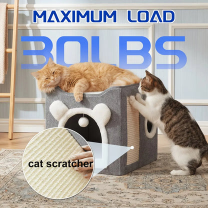 Foldable Cat House for Indoor Cats, 2-Story Cat Cube Condo with Built-In Sisal Scratching Pad & Hanging Toy Ball, Sturdy Cat Bed Hideaway Apartment Box for Large Cats up to 30 Lbs round Window
