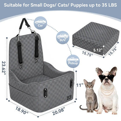 PETSFIT Dog Car Seat for Small/Medium Dogs up to 35 Lbs – Patented Safety System, 5" Memory Foam Pet Booster Car Seat, Fully Detachable and Washable Dog Carseat with 2 Storage Pockets (Black & Grey)
