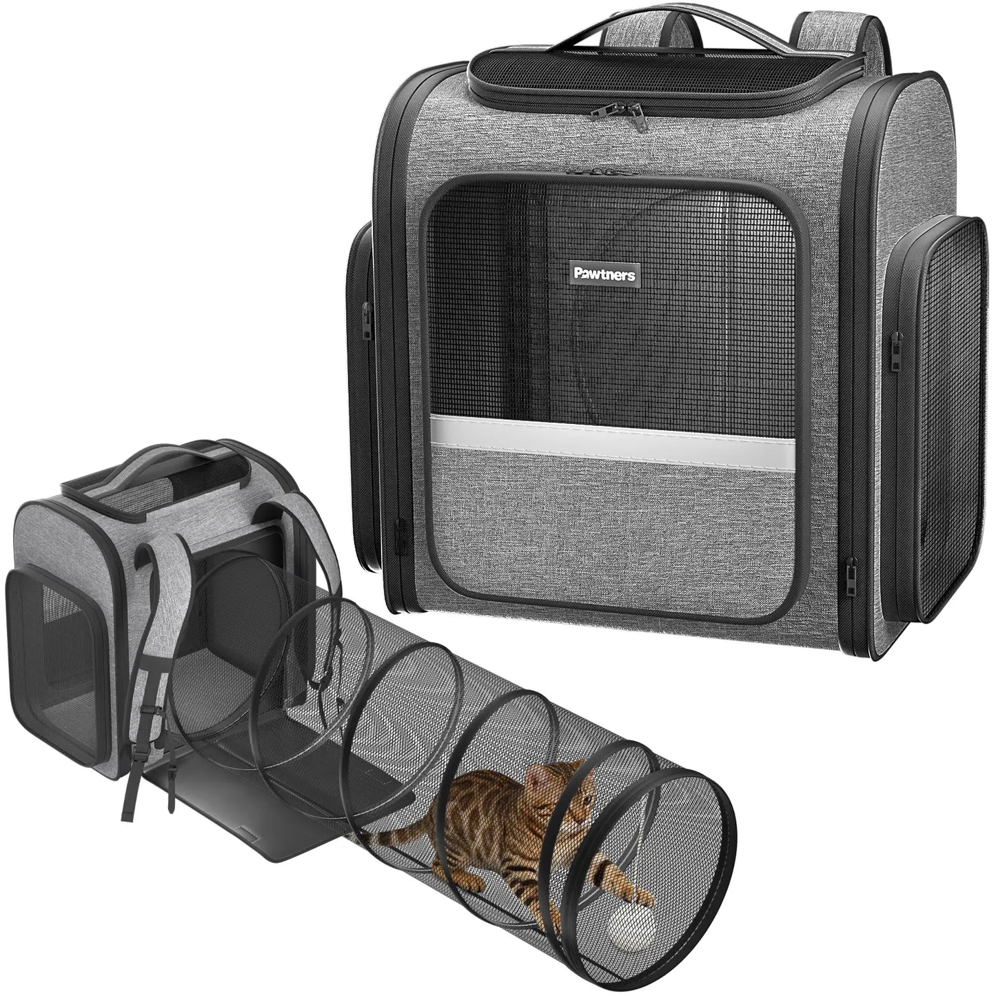 Pawtners Expandable Cat Backpack with Tunnel, Buckle, Ergonomic Design, Anti-Scratch Material, 43"L X 12.6"W X 15"H for Easy Outdoor Travel & Adventure