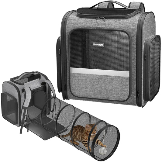 Pawtners Expandable Cat Backpack with Tunnel, Buckle, Ergonomic Design, Anti-Scratch Material, 43"L X 12.6"W X 15"H for Easy Outdoor Travel & Adventure