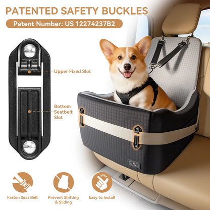 PETSFIT Dog Car Seat for Small/Medium Dogs up to 35 Lbs – Patented Safety System, 5" Memory Foam Pet Booster Car Seat, Fully Detachable and Washable Dog Carseat with 2 Storage Pockets (Black & Grey)