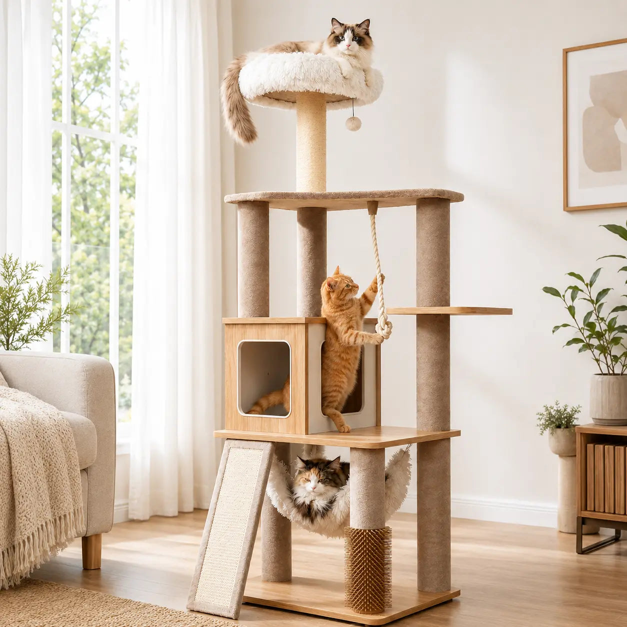 Modern White Cat Tree Tower for Indoor Cats, 61-Inch Multi-Level Cat Furniture with Plush Top Perch, Cozy Hammock, Spacious Cat Condo & Natural Sisal Scratching Posts, Stable Stylish Cat Tower for Adult Cats & Kittens