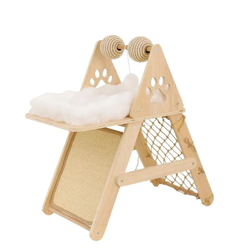 4-In-1 Wooden Cat Activity Center with Cozy Bed, Sisal Scratching Board, and Climbing Net, Sturdy Multi-Level Cat Scratcher for Indoor Cats, Space-Saving Interactive Cat Furniture for Play and Sleep