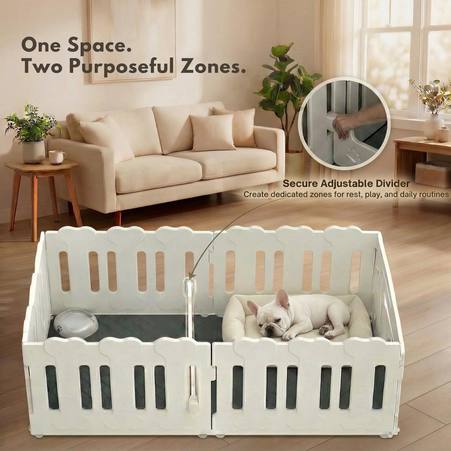 Dog Playpen with Divider & Washable Floor Pad, 6-Panel Indoor Puppy Playpen for Small Dogs & Puppies, 24" Tall Premium HDPE Panels, 61"X30"X24", Tool-Free Setup (White)