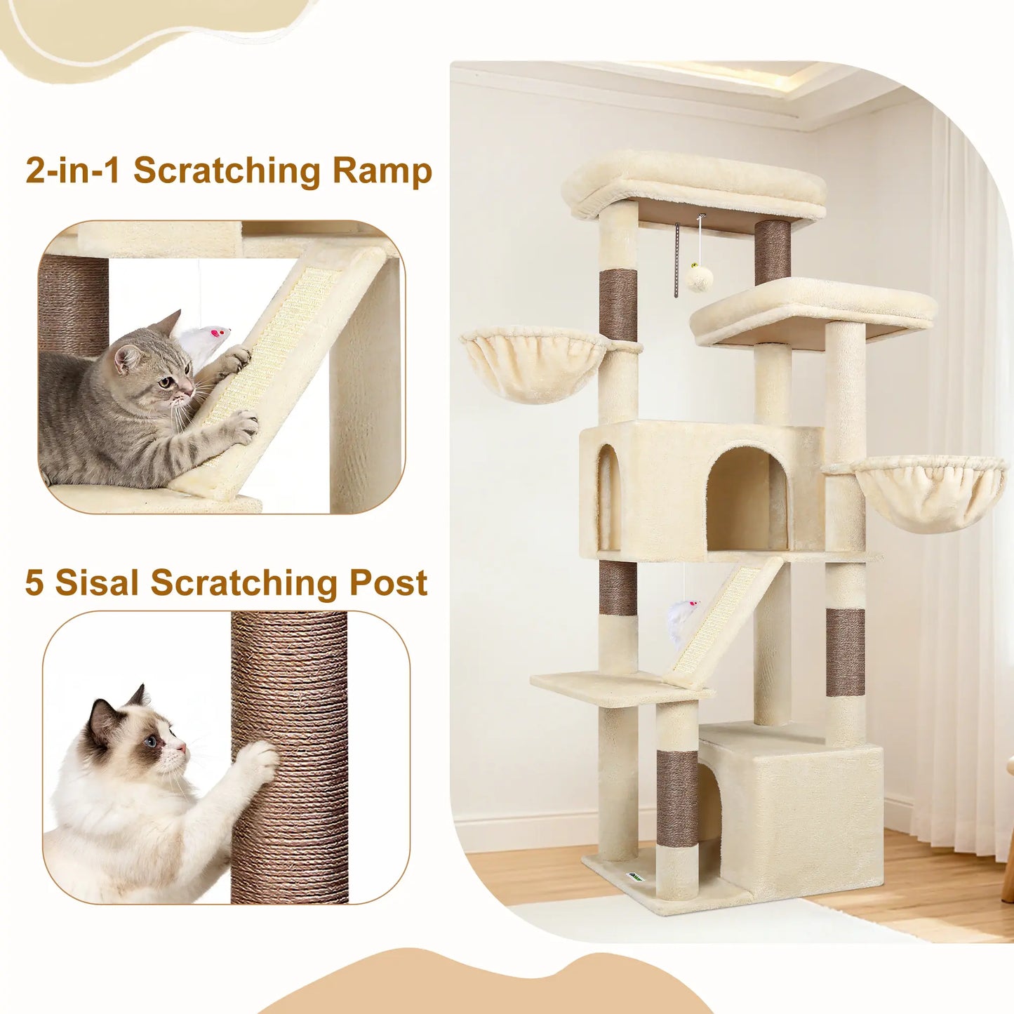 DESKAT 69 Inch Heavy Duty Cat Tower with 2 Large Condos, Dual Hanging Baskets & 2 Oversized Perches — Multi-Level Cat Tree for Big Cats