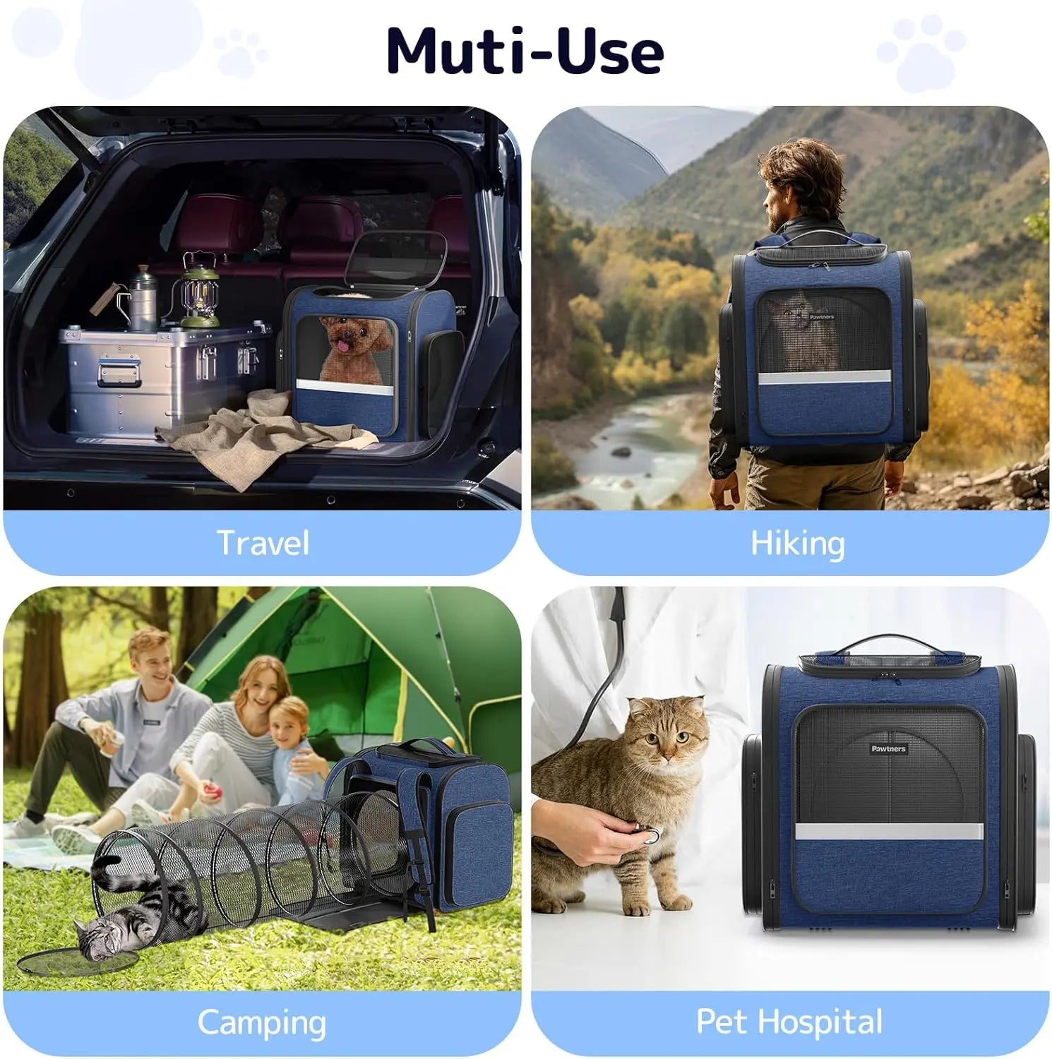 Pawtners Expandable Cat Backpack with Tunnel, Buckle, Ergonomic Design, Anti-Scratch Material, 43"L X 12.6"W X 15"H for Easy Outdoor Travel & Adventure