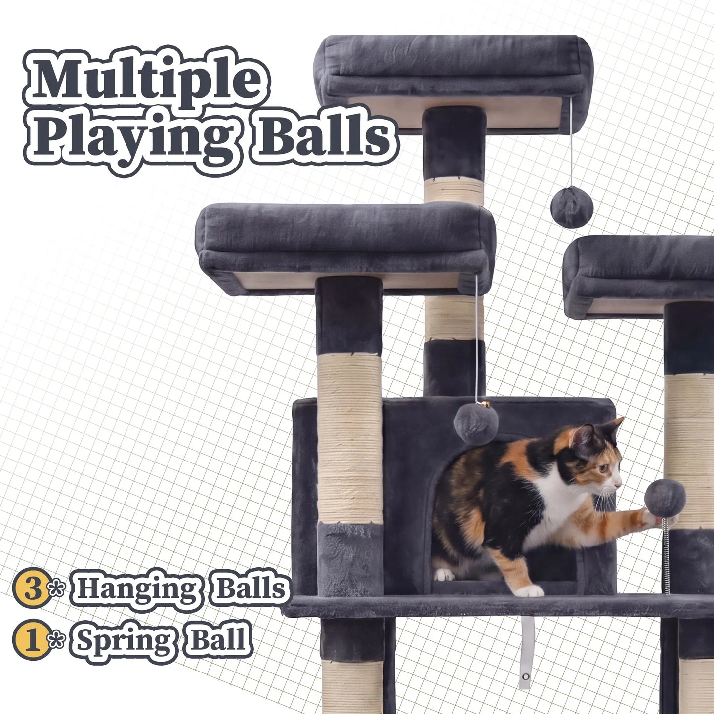 NAVINE 70.9 Inches Multi-Level Big Cat Tree, Multi-Level Cat Tower for Indoor Cats, Cat Trees and Towers for Large Cats with Sisal Scratching Posts/Cat Hanging Basket&Cat Hair Brush/Big Cat Condo/Plush Perch