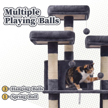 NAVINE 70.9 Inches Multi-Level Big Cat Tree, Multi-Level Cat Tower for Indoor Cats, Cat Trees and Towers for Large Cats with Sisal Scratching Posts/Cat Hanging Basket&Cat Hair Brush/Big Cat Condo/Plush Perch