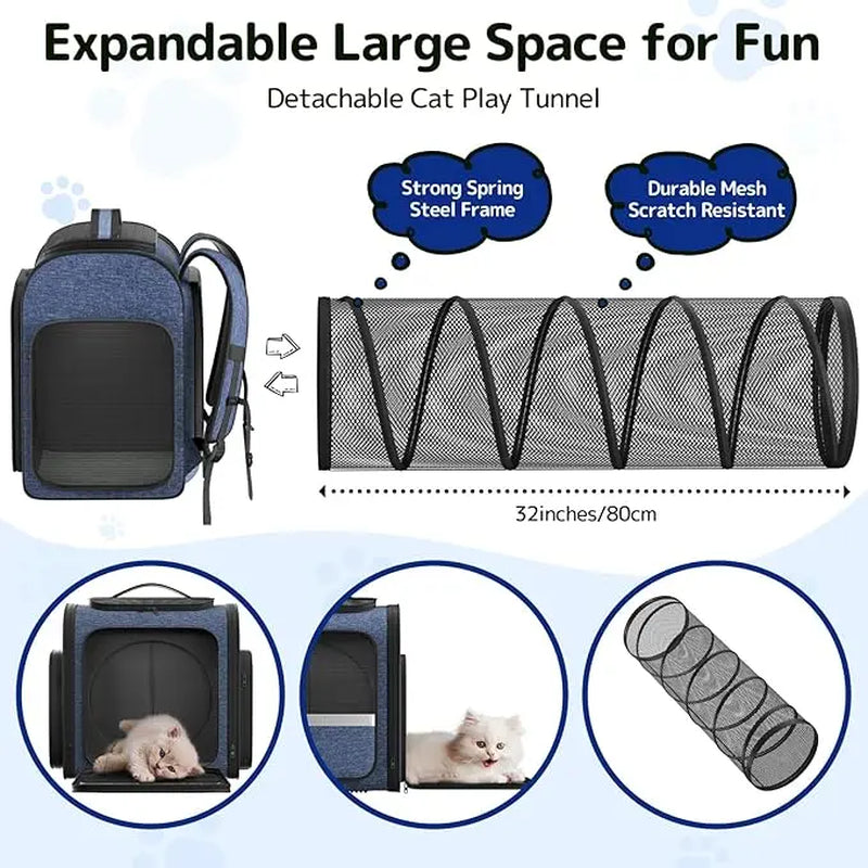 Pawtners Expandable Cat Backpack with Tunnel, Buckle, Ergonomic Design, Anti-Scratch Material, 43"L X 12.6"W X 15"H for Easy Outdoor Travel & Adventure