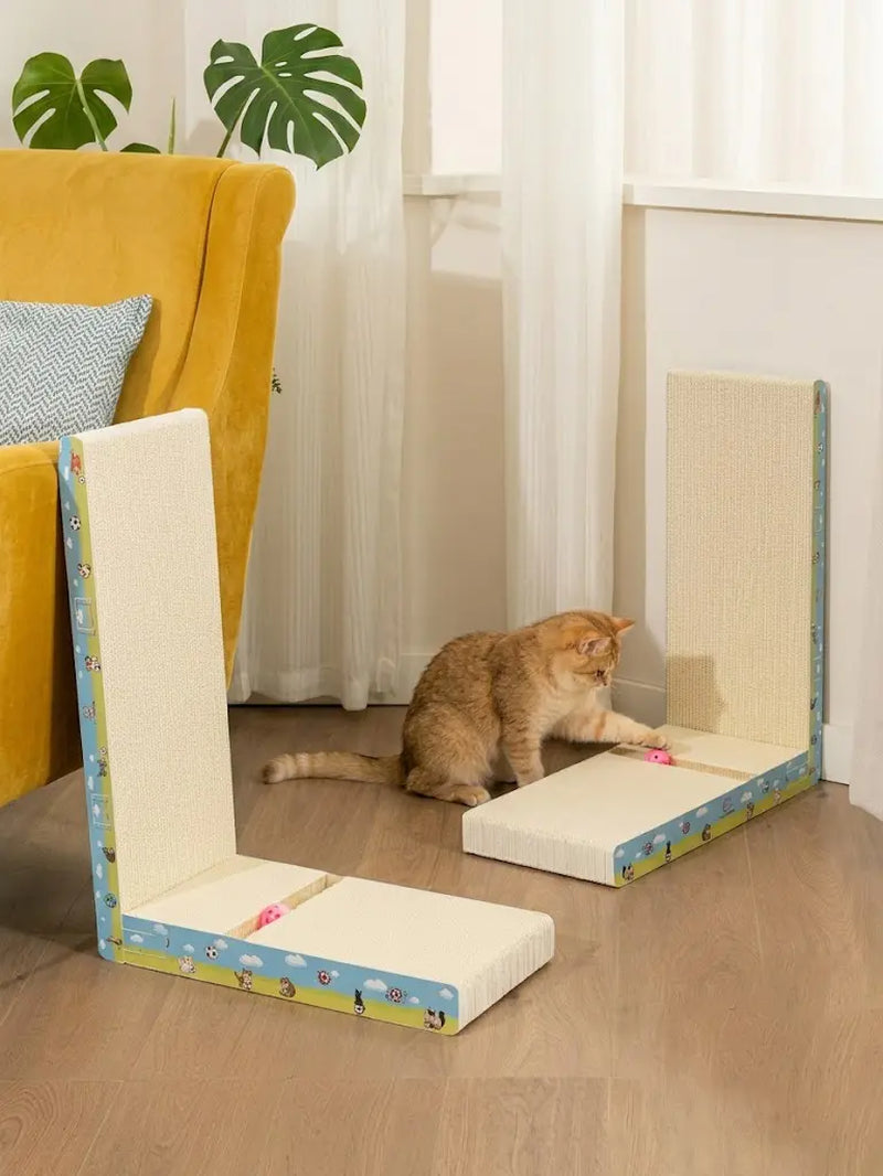 【Dealsforyoudays】Vertical L-Shaped Cat Scratcher Couch Furniture Protector, Upgraded Sturdy Cardboard Cat Scratching Pad, High-Density Hardened Plant Fiber Cat Ramp with Bell Toy Ball for Wall Corner