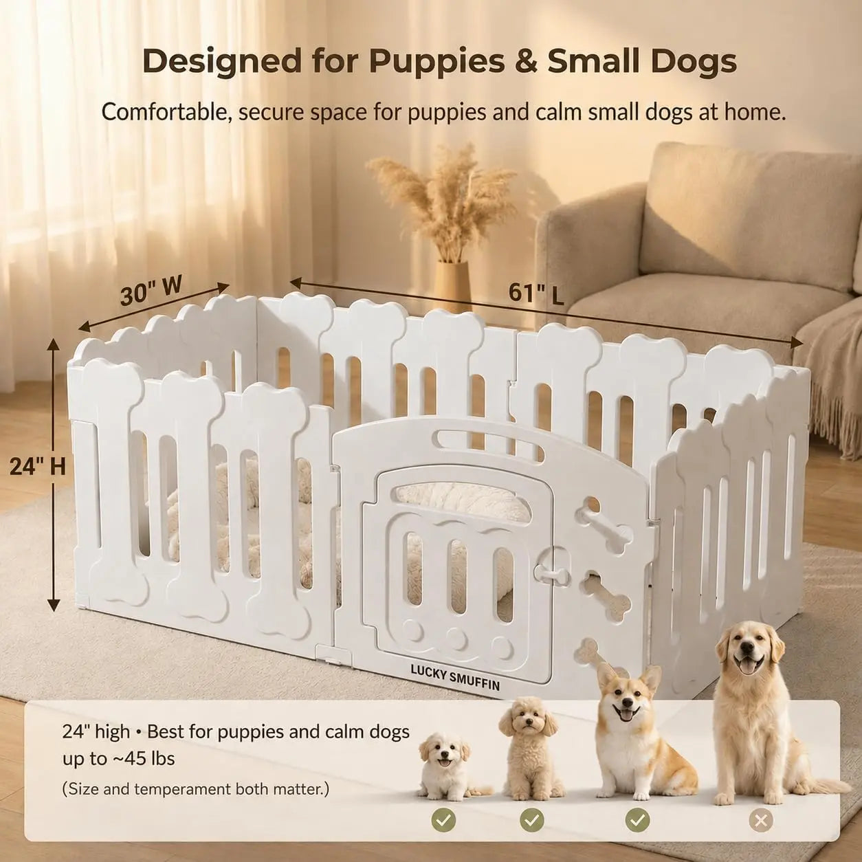 Dog Playpen with Divider & Washable Floor Pad, 6-Panel Indoor Puppy Playpen for Small Dogs & Puppies, 24" Tall Premium HDPE Panels, 61"X30"X24", Tool-Free Setup (White)