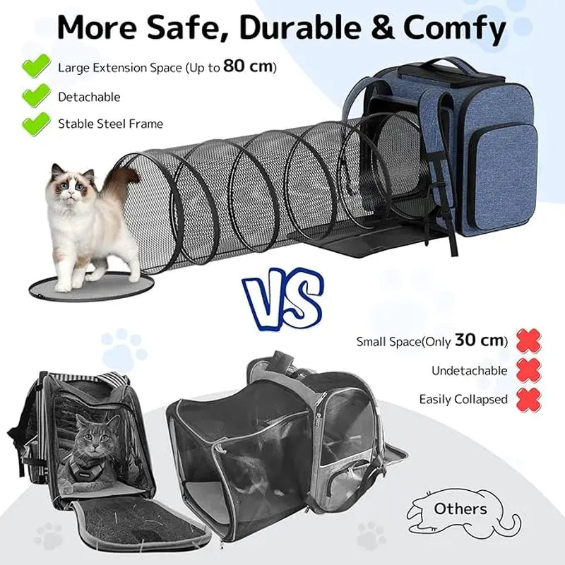 Pawtners Expandable Cat Backpack with Tunnel, Buckle, Ergonomic Design, Anti-Scratch Material, 43"L X 12.6"W X 15"H for Easy Outdoor Travel & Adventure