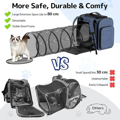 Pawtners Expandable Cat Backpack with Tunnel, Buckle, Ergonomic Design, Anti-Scratch Material, 43"L X 12.6"W X 15"H for Easy Outdoor Travel & Adventure