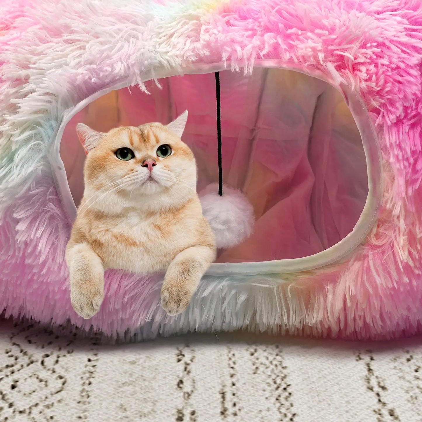 Winter Warm Pet Bed, Cozy Kitten Condo, 2-In-1 Foldable Cat Kittens Tunnel & Bed, Warm Plush Cat Bed with Hanging Ball & Tunnel Buckle, Pet Supplies for Indoor & Outdoor Use #GLOBAL PICKS