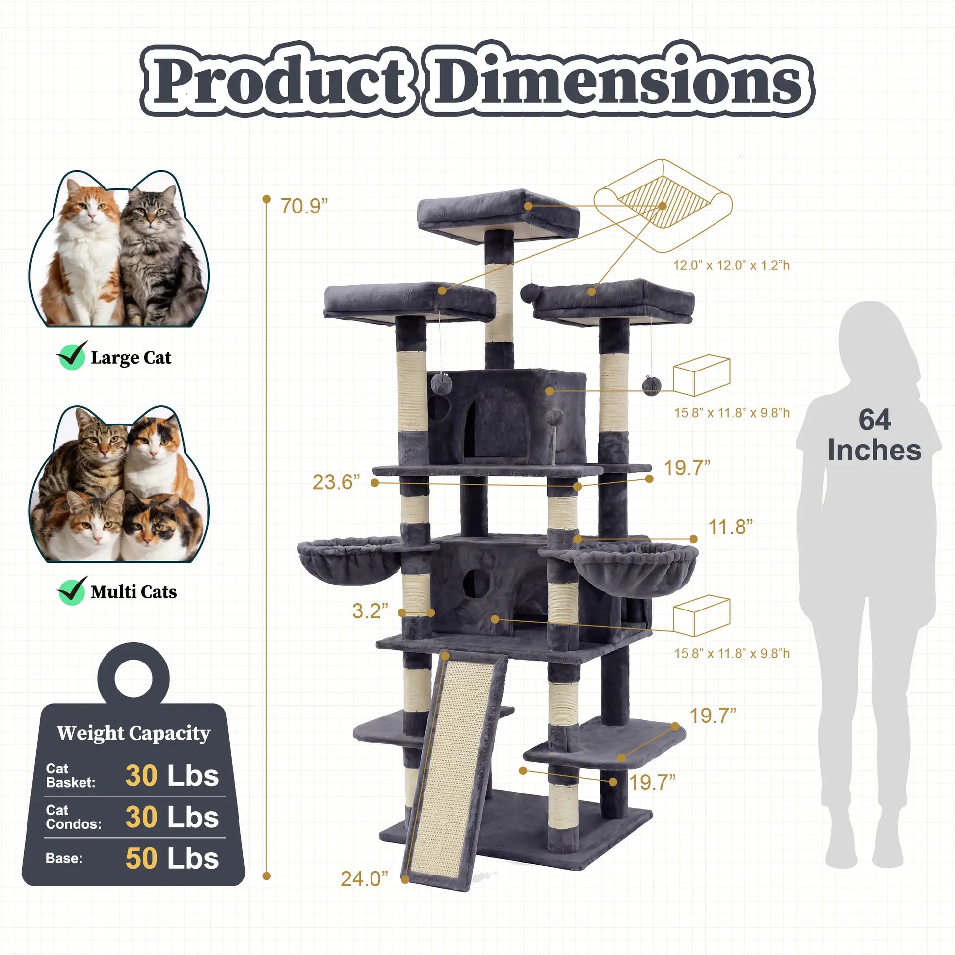 NAVINE 70.9 Inches Multi-Level Big Cat Tree, Multi-Level Cat Tower for Indoor Cats, Cat Trees and Towers for Large Cats with Sisal Scratching Posts/Cat Hanging Basket&Cat Hair Brush/Big Cat Condo/Plush Perch