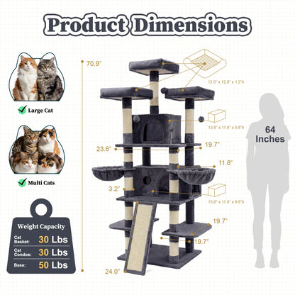 NAVINE 70.9 Inches Multi-Level Big Cat Tree, Multi-Level Cat Tower for Indoor Cats, Cat Trees and Towers for Large Cats with Sisal Scratching Posts/Cat Hanging Basket&Cat Hair Brush/Big Cat Condo/Plush Perch