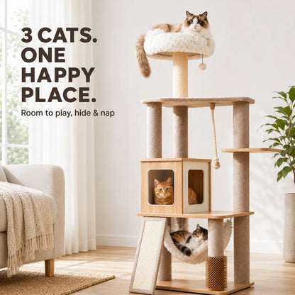 Modern White Cat Tree Tower for Indoor Cats, 61-Inch Multi-Level Cat Furniture with Plush Top Perch, Cozy Hammock, Spacious Cat Condo & Natural Sisal Scratching Posts, Stable Stylish Cat Tower for Adult Cats & Kittens