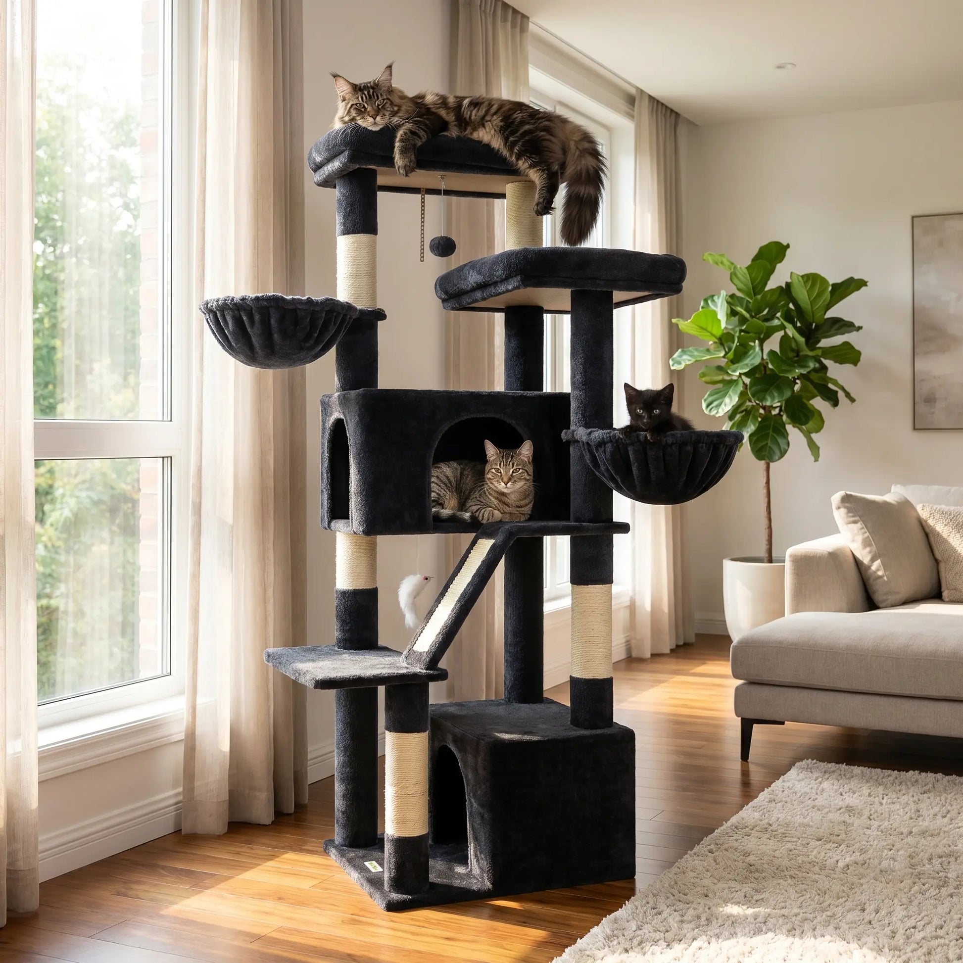 DESKAT 69 Inch Heavy Duty Cat Tower with 2 Large Condos, Dual Hanging Baskets & 2 Oversized Perches — Multi-Level Cat Tree for Big Cats