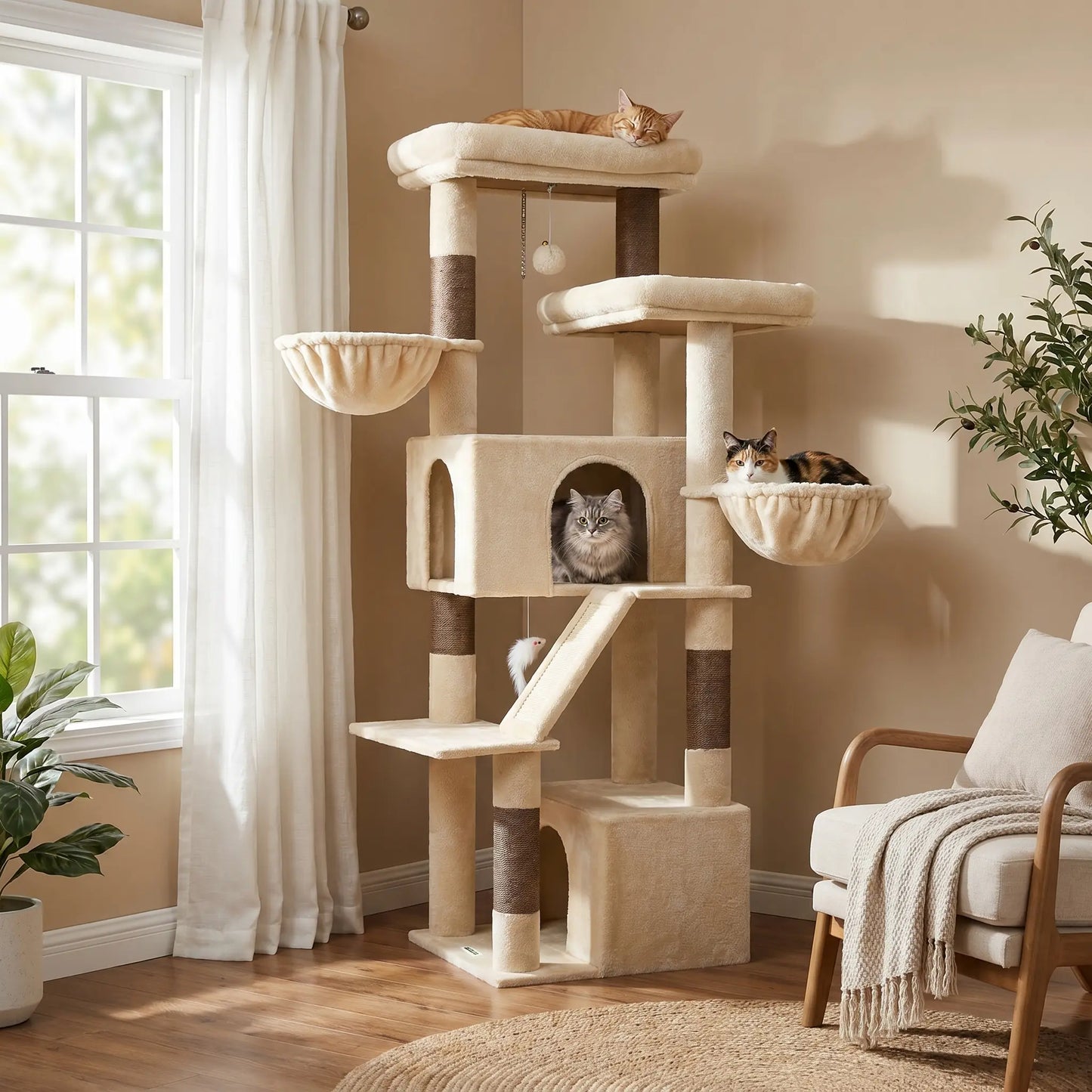 DESKAT 69 Inch Heavy Duty Cat Tower with 2 Large Condos, Dual Hanging Baskets & 2 Oversized Perches — Multi-Level Cat Tree for Big Cats