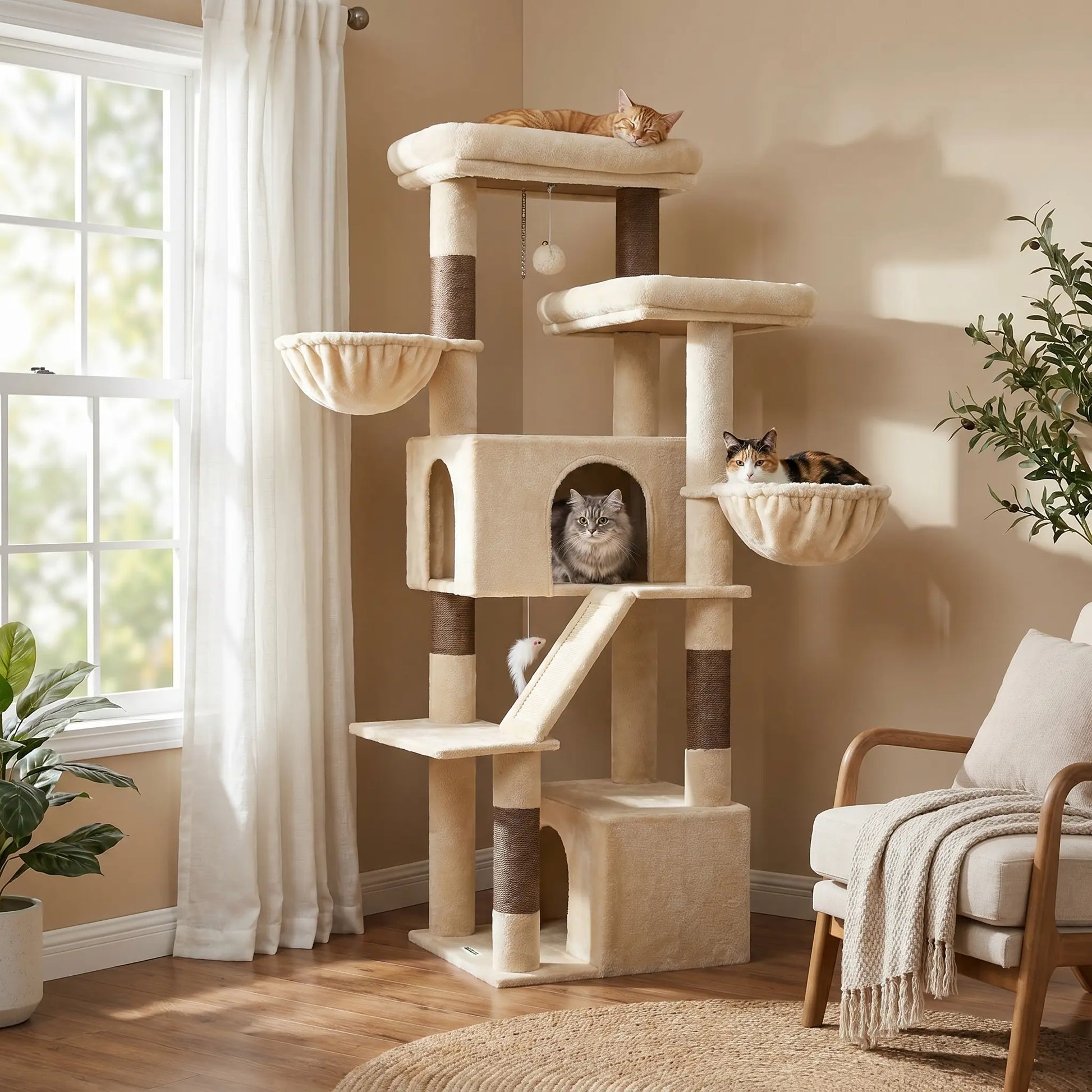 DESKAT 69 Inch Heavy Duty Cat Tower with 2 Large Condos, Dual Hanging Baskets & 2 Oversized Perches — Multi-Level Cat Tree for Big Cats
