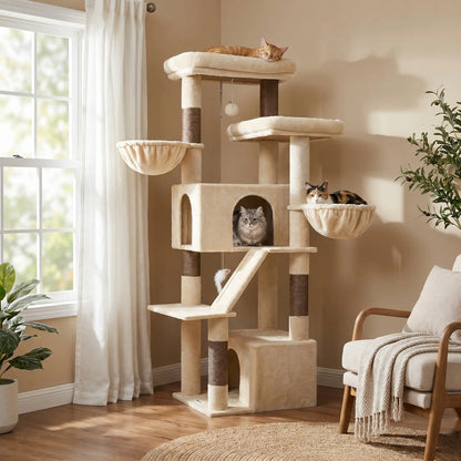 DESKAT 69 Inch Heavy Duty Cat Tower with 2 Large Condos, Dual Hanging Baskets & 2 Oversized Perches — Multi-Level Cat Tree for Big Cats