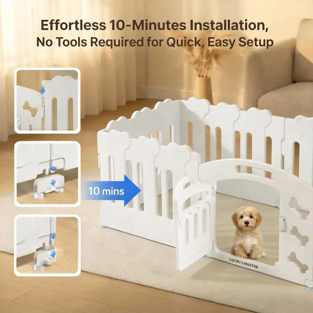 Dog Playpen with Divider & Washable Floor Pad, 6-Panel Indoor Puppy Playpen for Small Dogs & Puppies, 24" Tall Premium HDPE Panels, 61"X30"X24", Tool-Free Setup (White)