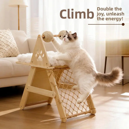 4-In-1 Wooden Cat Activity Center with Cozy Bed, Sisal Scratching Board, and Climbing Net, Sturdy Multi-Level Cat Scratcher for Indoor Cats, Space-Saving Interactive Cat Furniture for Play and Sleep