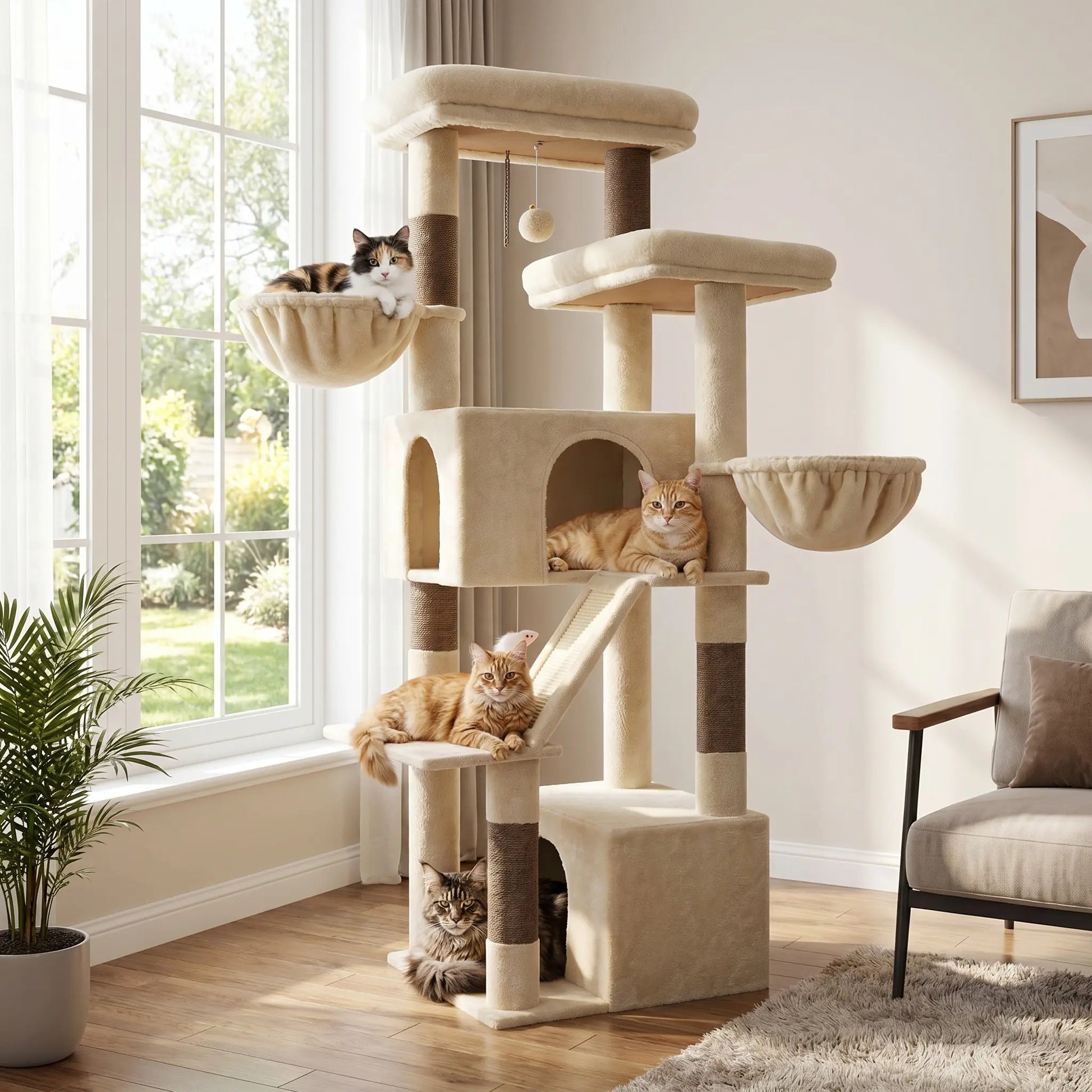 DESKAT 69 Inch Heavy Duty Cat Tower with 2 Large Condos, Dual Hanging Baskets & 2 Oversized Perches — Multi-Level Cat Tree for Big Cats