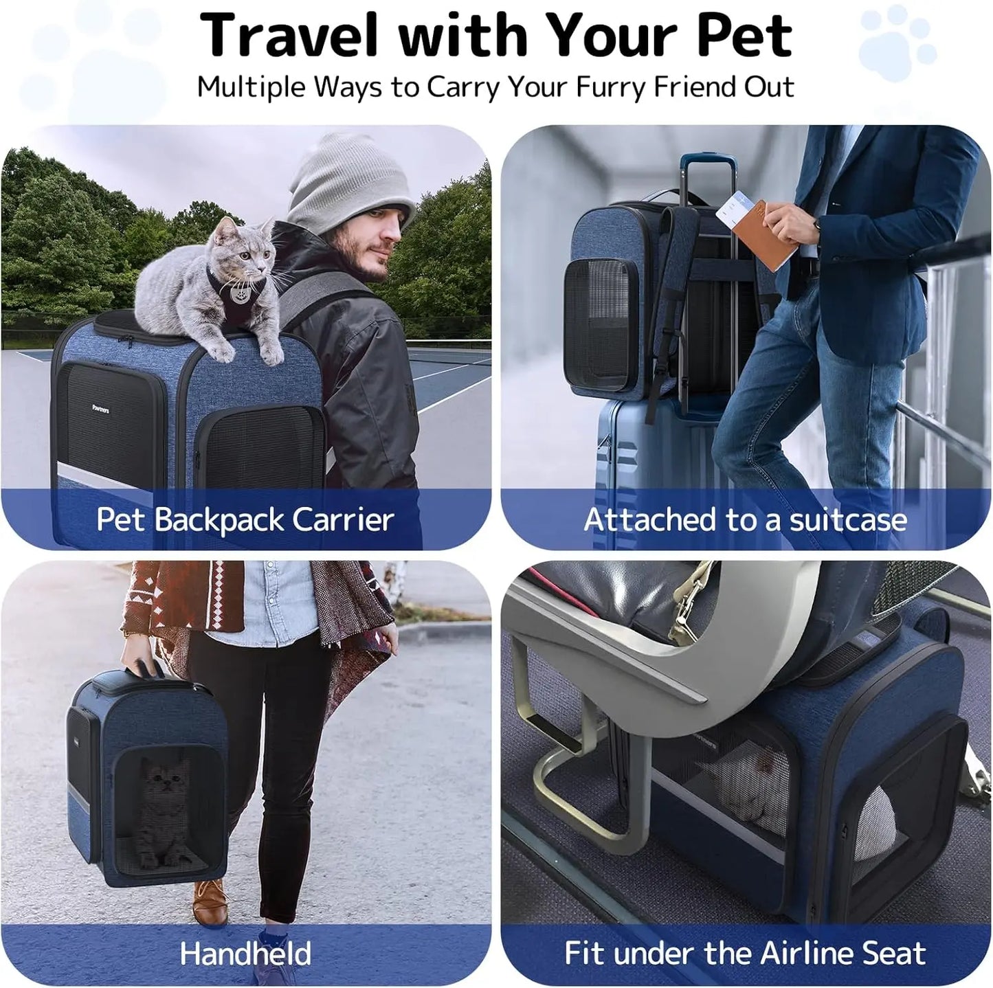 Pawtners Expandable Cat Backpack with Tunnel, Buckle, Ergonomic Design, Anti-Scratch Material, 43"L X 12.6"W X 15"H for Easy Outdoor Travel & Adventure