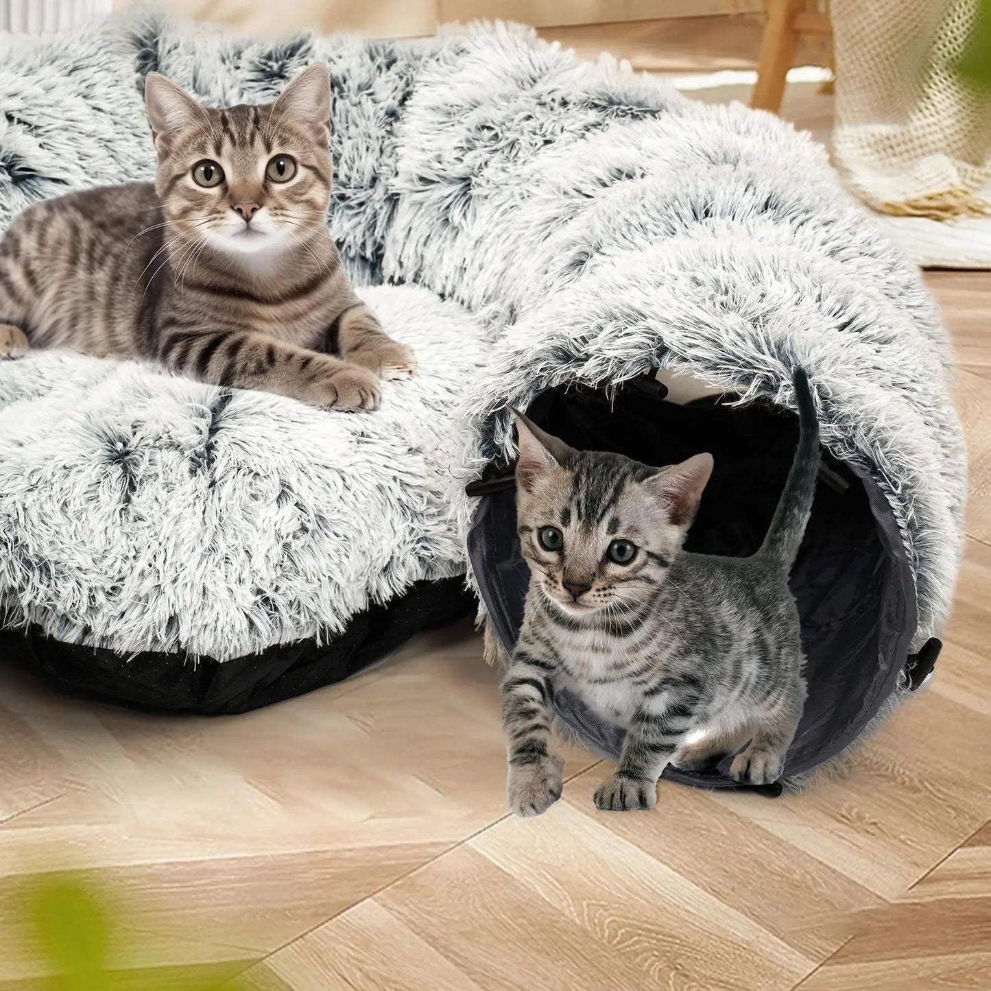 Winter Warm Pet Bed, Cozy Kitten Condo, 2-In-1 Foldable Cat Kittens Tunnel & Bed, Warm Plush Cat Bed with Hanging Ball & Tunnel Buckle, Pet Supplies for Indoor & Outdoor Use #GLOBAL PICKS