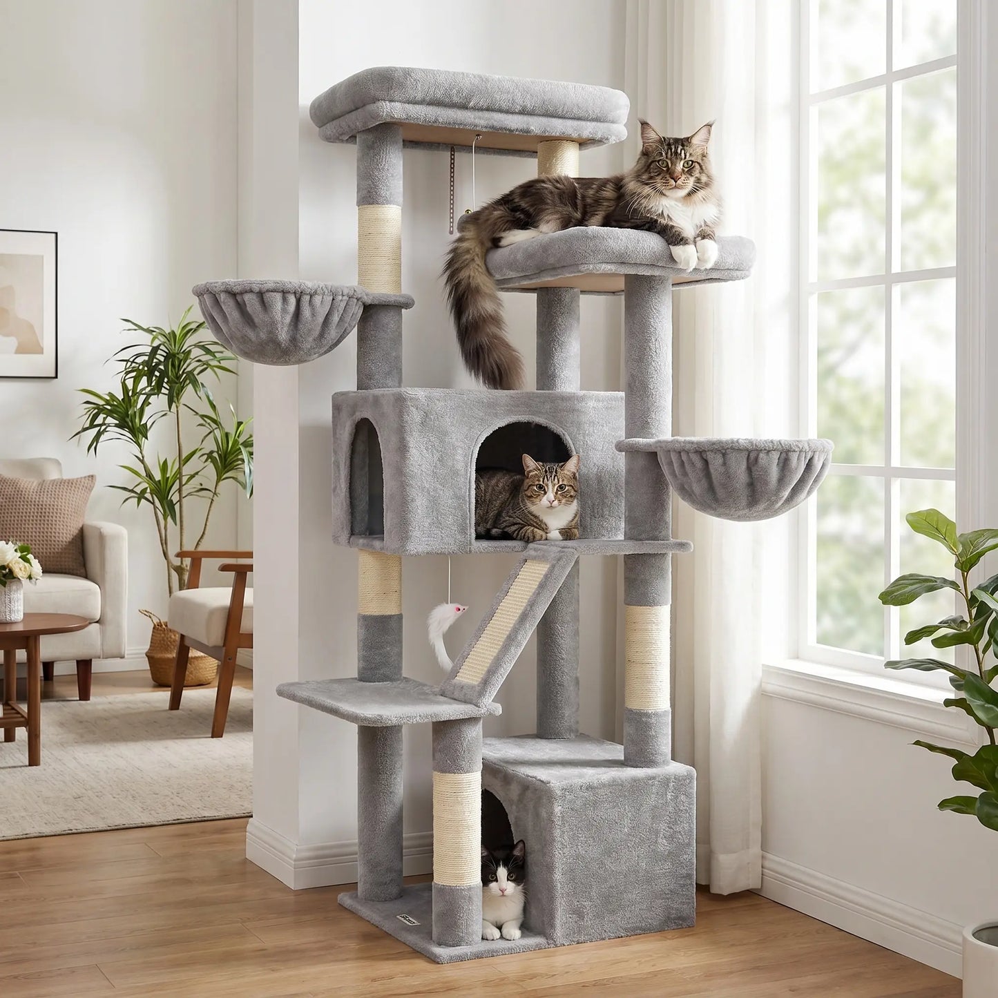 DESKAT 69 Inch Heavy Duty Cat Tower with 2 Large Condos, Dual Hanging Baskets & 2 Oversized Perches — Multi-Level Cat Tree for Big Cats