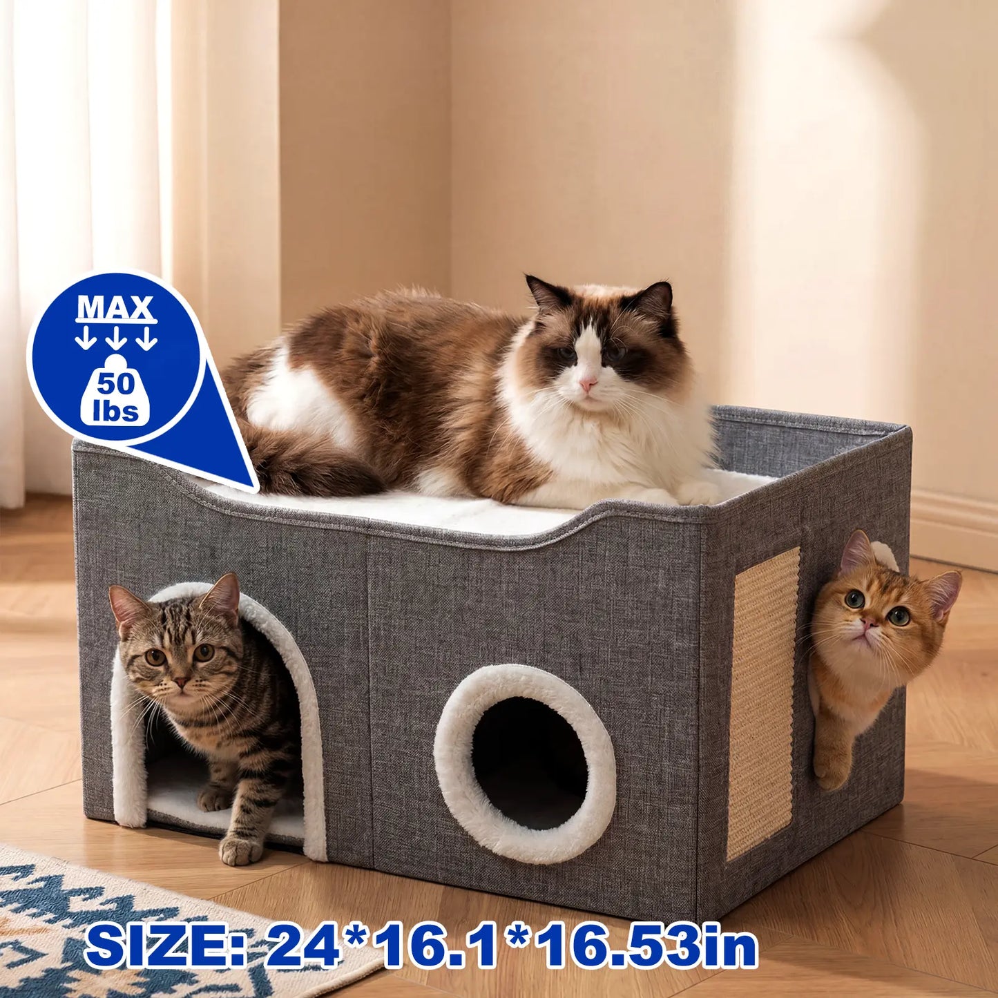 Foldable Cat House for Indoor Cats, 2-Story Cat Cube Condo with Built-In Sisal Scratching Pad & Hanging Toy Ball, Sturdy Cat Bed Hideaway Apartment Box for Large Cats up to 30 Lbs round Window