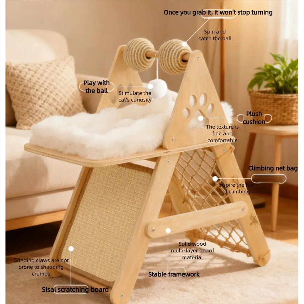 4-In-1 Wooden Cat Activity Center with Cozy Bed, Sisal Scratching Board, and Climbing Net, Sturdy Multi-Level Cat Scratcher for Indoor Cats, Space-Saving Interactive Cat Furniture for Play and Sleep