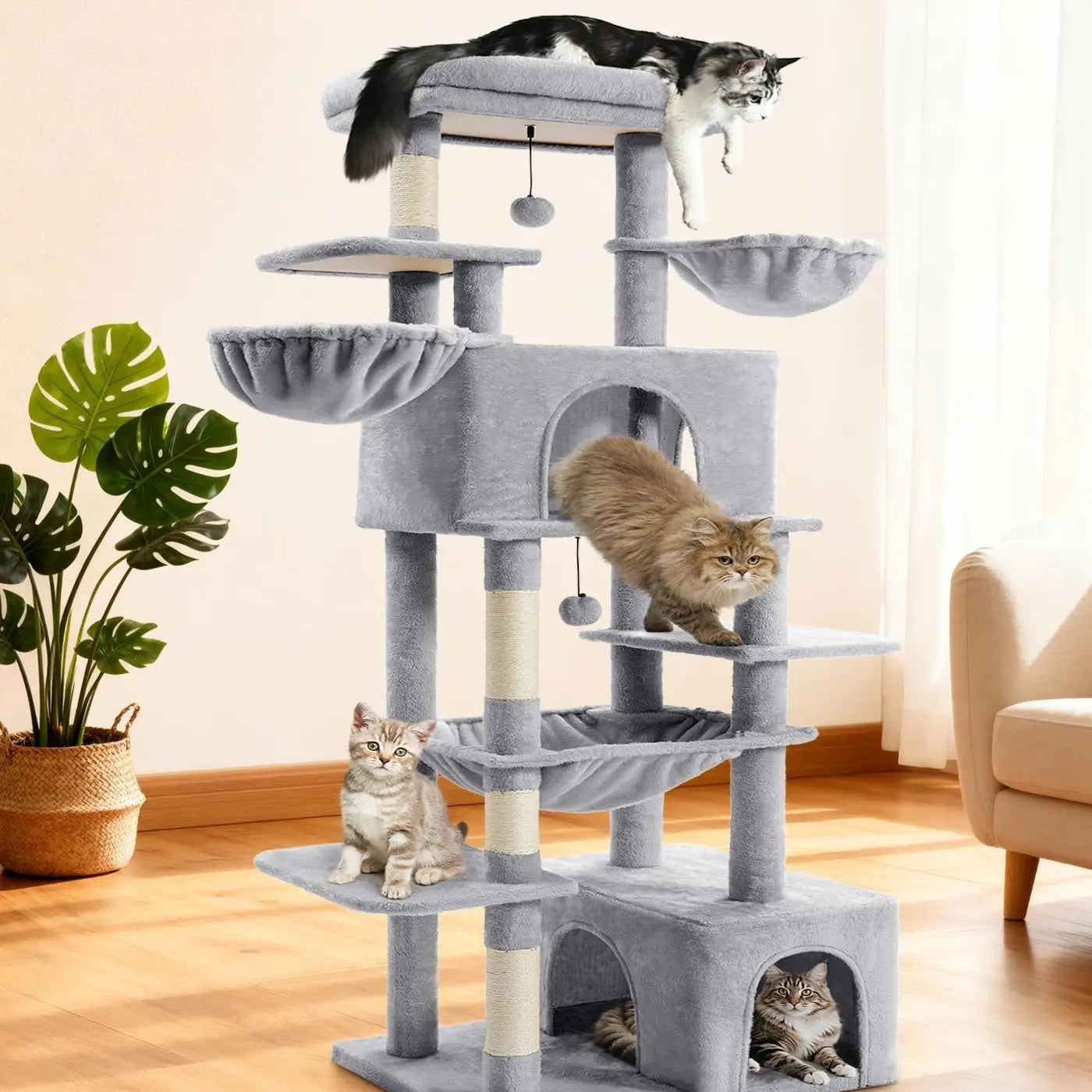 Large Multi-Level Cat Tree Tower - Indoor Pet Activity Center with Sisal Scratching Posts, Cozy Condo, Soft Hammocks, and Perches for Multiple Felines