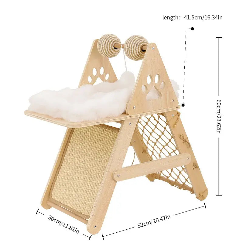 4-In-1 Wooden Cat Activity Center with Cozy Bed, Sisal Scratching Board, and Climbing Net, Sturdy Multi-Level Cat Scratcher for Indoor Cats, Space-Saving Interactive Cat Furniture for Play and Sleep