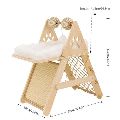 4-In-1 Wooden Cat Activity Center with Cozy Bed, Sisal Scratching Board, and Climbing Net, Sturdy Multi-Level Cat Scratcher for Indoor Cats, Space-Saving Interactive Cat Furniture for Play and Sleep