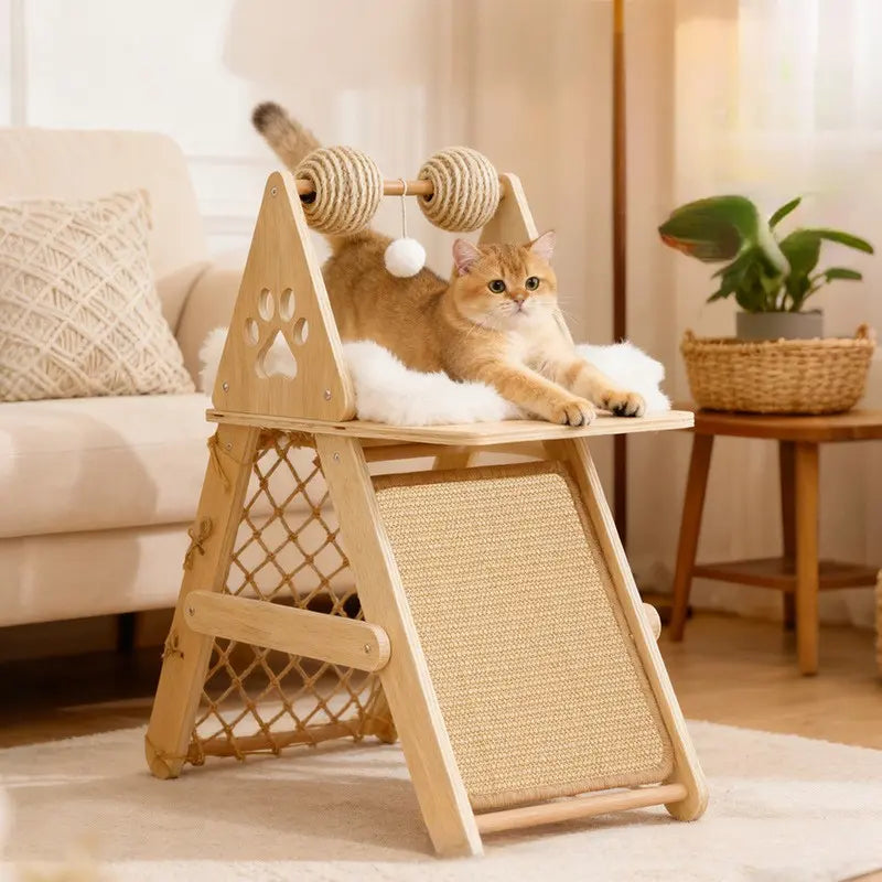 4-In-1 Wooden Cat Activity Center with Cozy Bed, Sisal Scratching Board, and Climbing Net, Sturdy Multi-Level Cat Scratcher for Indoor Cats, Space-Saving Interactive Cat Furniture for Play and Sleep