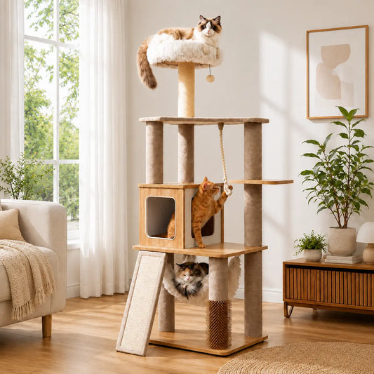 Modern White Cat Tree Tower for Indoor Cats, 61-Inch Multi-Level Cat Furniture with Plush Top Perch, Cozy Hammock, Spacious Cat Condo & Natural Sisal Scratching Posts, Stable Stylish Cat Tower for Adult Cats & Kittens