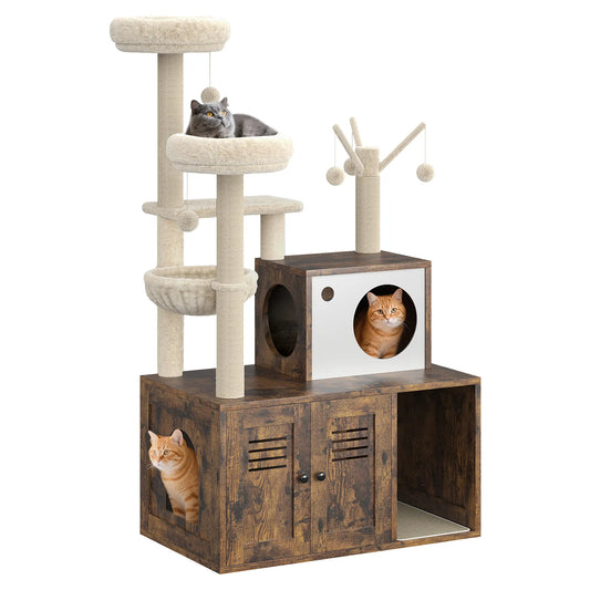 Space-Saving Modern Wooden Cat Tree with Hidden Litter Box Cabinet – Scratching Posts, Teaser Sticks, Basket & Perch, Barn Door Design – Versatile Cat Condo Furniture Fits Most Litter Boxes for Indoor Cats, Vintage Brown & Grey
