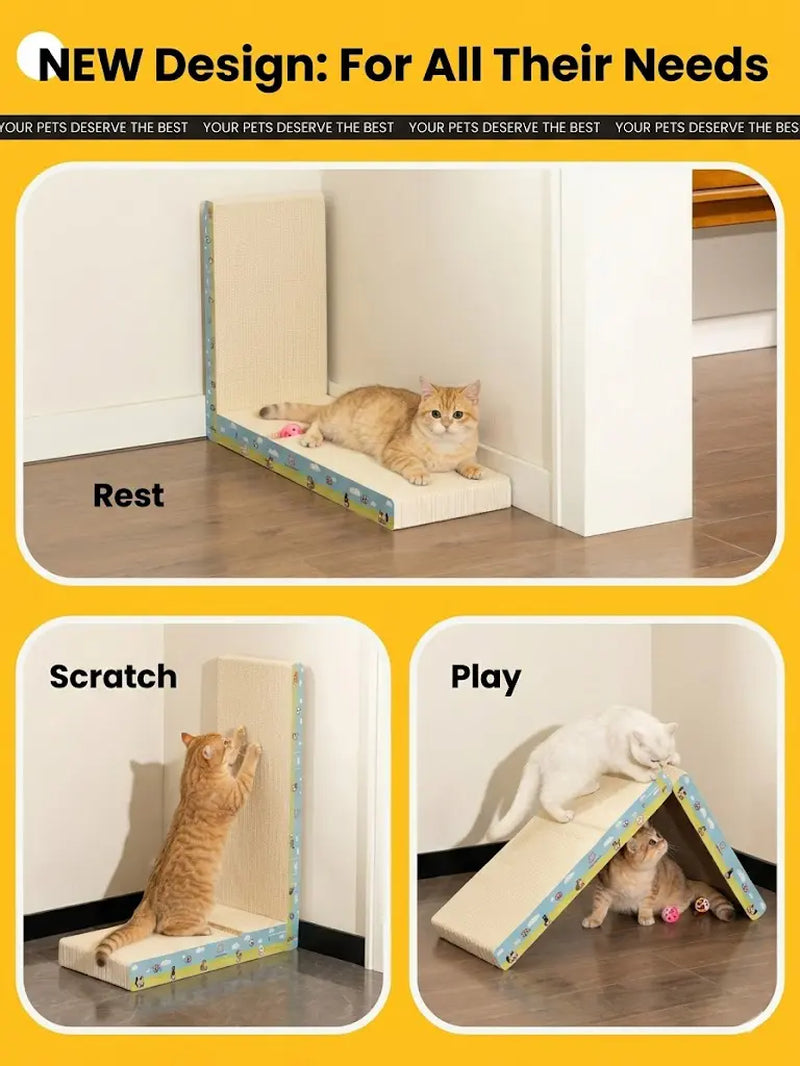 【Dealsforyoudays】Vertical L-Shaped Cat Scratcher Couch Furniture Protector, Upgraded Sturdy Cardboard Cat Scratching Pad, High-Density Hardened Plant Fiber Cat Ramp with Bell Toy Ball for Wall Corner