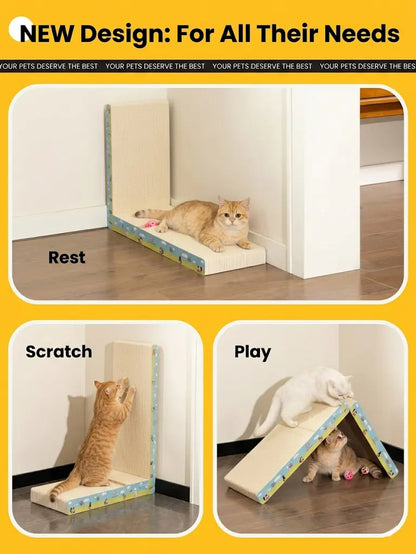【Dealsforyoudays】Vertical L-Shaped Cat Scratcher Couch Furniture Protector, Upgraded Sturdy Cardboard Cat Scratching Pad, High-Density Hardened Plant Fiber Cat Ramp with Bell Toy Ball for Wall Corner