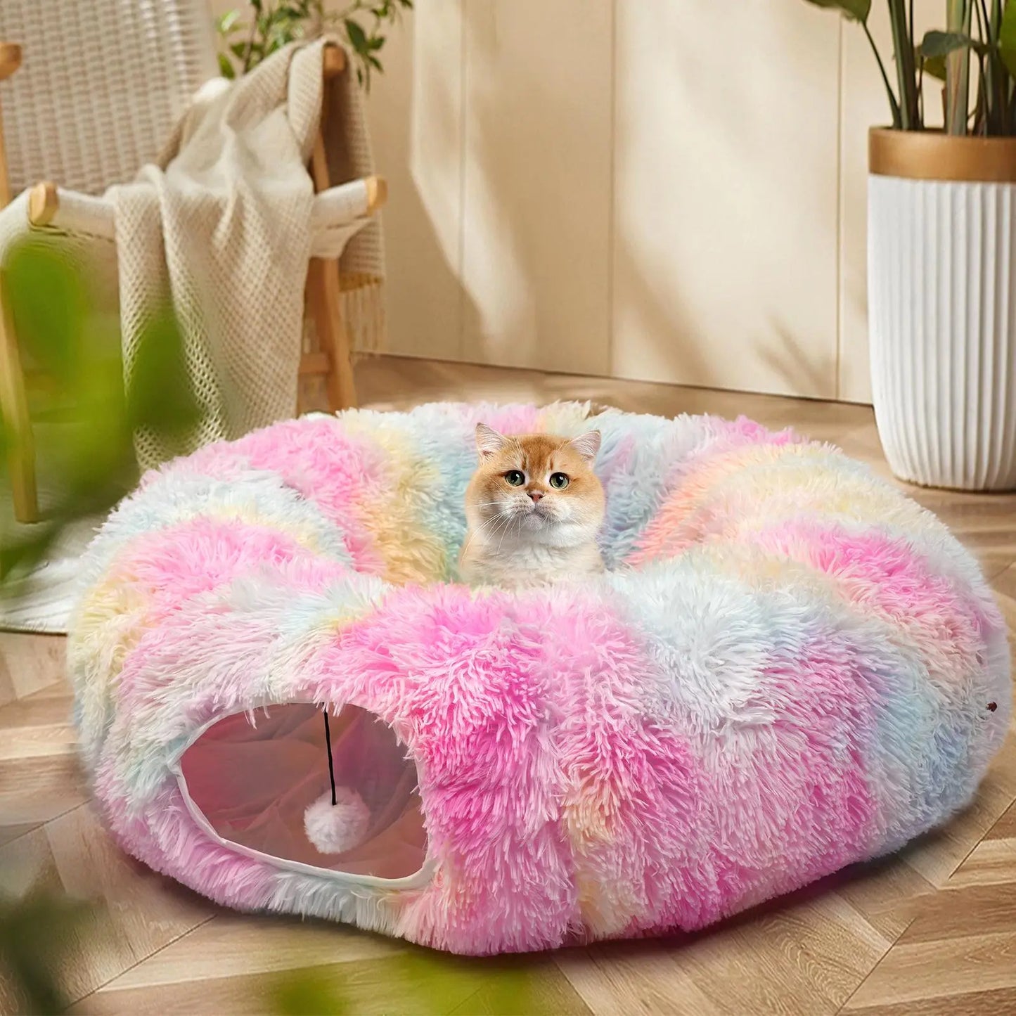 Winter Warm Pet Bed, Cozy Kitten Condo, 2-In-1 Foldable Cat Kittens Tunnel & Bed, Warm Plush Cat Bed with Hanging Ball & Tunnel Buckle, Pet Supplies for Indoor & Outdoor Use #GLOBAL PICKS