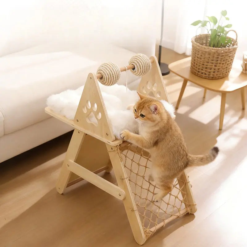 4-In-1 Wooden Cat Activity Center with Cozy Bed, Sisal Scratching Board, and Climbing Net, Sturdy Multi-Level Cat Scratcher for Indoor Cats, Space-Saving Interactive Cat Furniture for Play and Sleep