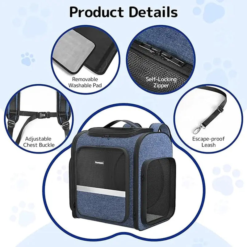 Pawtners Expandable Cat Backpack with Tunnel, Buckle, Ergonomic Design, Anti-Scratch Material, 43"L X 12.6"W X 15"H for Easy Outdoor Travel & Adventure