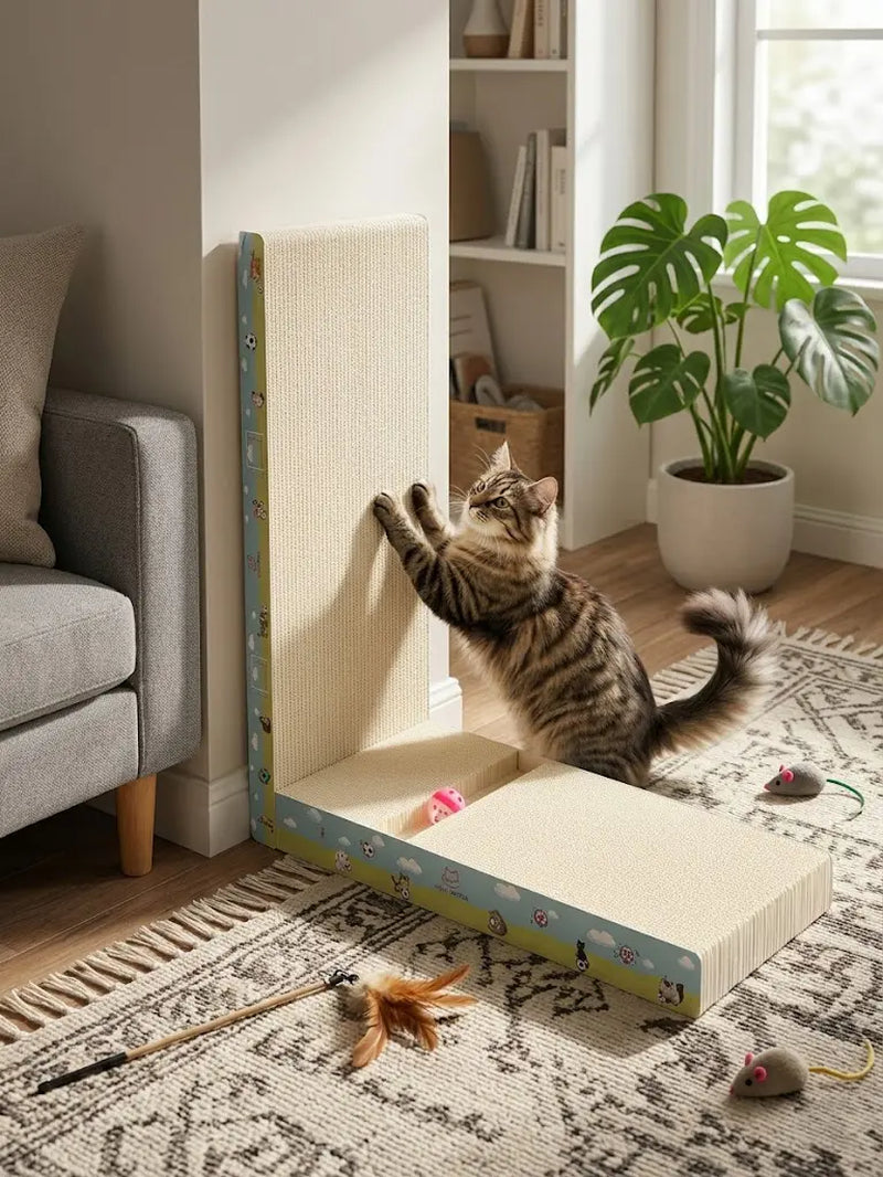 【Dealsforyoudays】Vertical L-Shaped Cat Scratcher Couch Furniture Protector, Upgraded Sturdy Cardboard Cat Scratching Pad, High-Density Hardened Plant Fiber Cat Ramp with Bell Toy Ball for Wall Corner